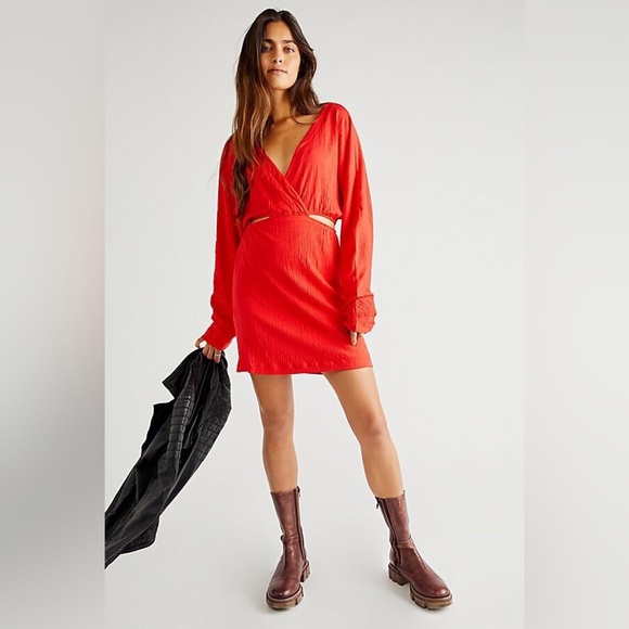 Free People Beach Stasia Mini Vibrant Red Rouge Dress Small chic cutout - Picture 1 of 7